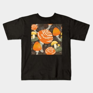 My orange mushroom garden on dark brown Kids T-Shirt
